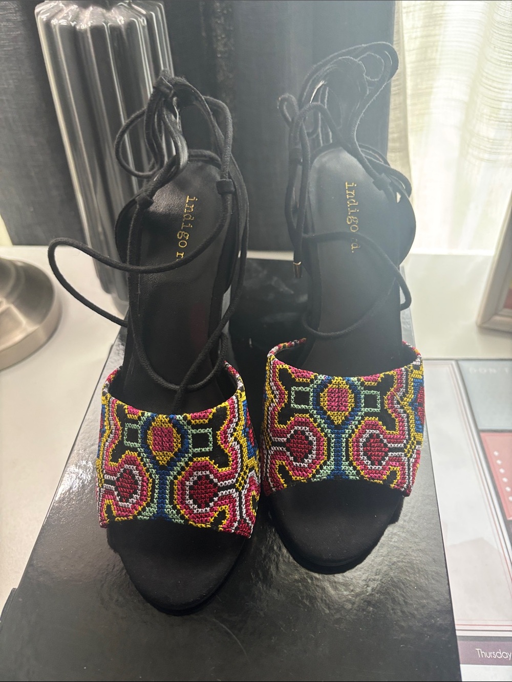 Indigo Rd. Black Lace-Up Heels with Multicolor Embroidery